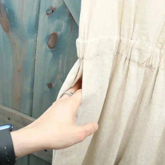 Khaki 100% Linen Cropped Jumpsuit Tan Romper 4OURDREAMERS Size Small - Picture 6 of 9